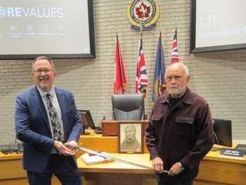 Mayor Darrin Canniff, Don Wilson, and the sword belonging to Chatham's first mayor (Image courtesy of John Rhodes)
