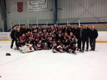 The Walkerton Hawks celebrate winning the Western Junior C title. (Photo by Ryan Brandt)