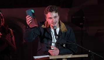 Owen Riegling accepting one of the five CMAOntario Awards he won at the 13th annual awards show in Hamilton, June1, 2025. Photo by Grant Martin.