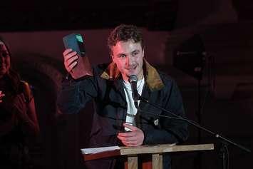 Owen Riegling accepting one of the five CMAOntario Awards he won at the 13th annual awards show in Hamilton, June1, 2025. Photo by Grant Martin.