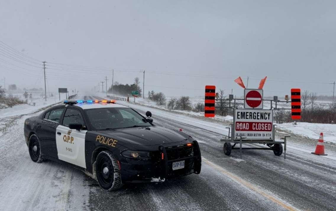 A police cruiser blocks a road closed in South Bruce. Photo provided by South Bruce OPP.