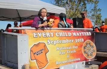 Anishinaabe Elder Mona Stonefish speaks at a healing walk to mark the first National Day of Truth and Reconciliation, September 30, 2021. (Photo by Maureen Revait)