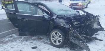 One of two vehicles involved in a crash at Road 92 and 37th Line in Zorra Township, March 20, 2024. Photo provided by Oxford OPP.