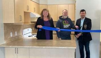 MP Marilyn Gladu, Sarnia Councillor Brian White and County of Lambton Kevin Marriott at a new unit in Sarnia (Photo by: County of Lambton)