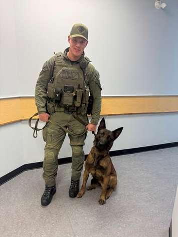 Siebe, alongside his handler, Provincial Constable Dean Ferris, who has joined the Grey Bruce OPP Canine Unit.