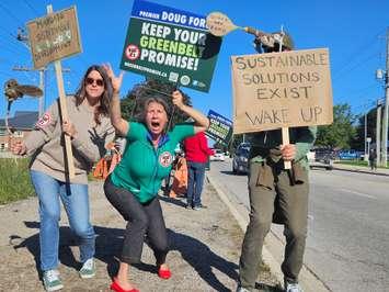 Demonstrators gathered in Markdale Thursday morning ahead of a ribbon cutting attended by Premier Doug Ford. 