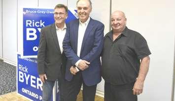 Rick Byers, newly elected MPP for Bruce-Grey-Owen Sound, is flanked by former MPP Bill Walker (left) and former MP Larry Miller (right) on July 2, 2022. (Image courtesy of Rick Byers campaign)