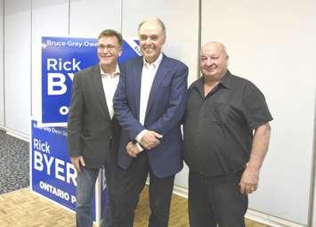 Rick Byers, newly elected MPP for Bruce-Grey-Owen Sound, is flanked by former MPP Bill Walker (left) and former MP Larry Miller (right) on July 2, 2022. (Image courtesy of Rick Byers campaign)