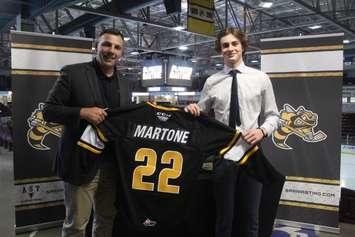 Sarnia Sting GM Dylan Seca and forward Porter Martone. Photo courtesy of the Sarnia Sting Hockey Club. 
