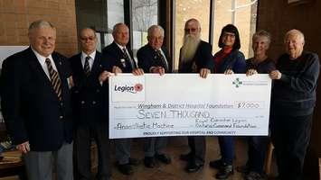 (Left to right)  John Cullen, Wingham Legion; Jim Saint, Wingham Legion; Ray Stewart, Howick Legion; Gerry van Engen, Howick Legion; Rick McBurney, Blyth Legion; Jenny Hogervorst, WDH Foundation; Peg Lockridge, WDH Foundation; Gord Baxter, WDH Foundation. (photo submitted)