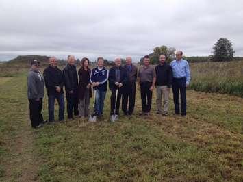 A long list of contributors to the new soccer fields in Walkerton.
From left to right:
Bryan Dales,Co-Chair Project Management Team; Randy Weber, Co-Chair Project Management Team; Dan Gieruszak, Brockton's Deputy Mayor; Mary Jane Bushell, Project Management Team;  Jeff Roberts, President Walkerton Minor Soccer; David Inglis, Brockton Mayor; Dean Leifso, Brockton Councillor; Collin Saunders, Dir. of Operations for Brockton; Steve Bendo, Stantec; Mike Kalman, TDI Inc.