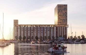 An artist's rendering of the hotel that would extend out of the Collingwood Grains Terminals building (Photo provided as part of presentation to Town of Collingwood council by Streetcar Developments Inc.)