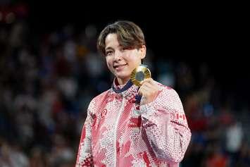 Team Canada’s Christa Deguchi poses with her gold medal in Judo 57 KG during the 2024 Paris Olympic Games in France on Monday, July 29, 2024. (Photo by Darren Calabrese/COC)