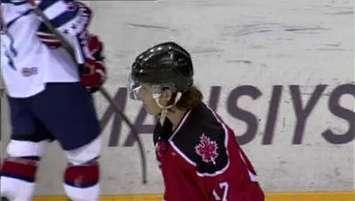 Cody McIntyre on the ice for Canada at the 2015 Deaflympics in Russia. 