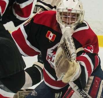 Walkerton Hawks goalie Erik Angeli in the 2015 Junior C season.  (Photo by Marty Thompson)