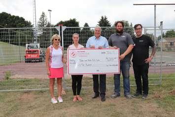 Left to right: Tennis and Pickleball Court Sub-Committee representative Maureen Schmidt, Brockton CFO/Acting Director of Community Services Trish Serratore, Brockton Mayor Chris Peabody, Kinsmen member Adam Nickel and Kinsmen President Jeff Goulding.