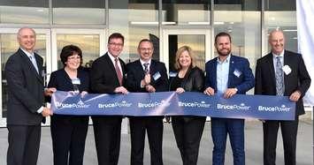 Mike Rencheck (left), Bruce Power President and CEO, was joined by dignitaries to open the Major Component Replacement (MCR) Training Facility in Kincardine on April 25th.  Joining Rencheck was Kincardine Mayor Anne Eadie; Bill Walker, Minister of Government and Consumer Services and MPP for Bruce-Grey-Owen Sound; Jeff Phelps, Vice President, Bruce Power’s Vice President, Major Projects;  Lisa Thompson, Minister of Education and Huron-Bruce MPP;  David Piccini, Parliamentary Assistant to the Minister of Training, Colleges and Universities, and MPP for Northumberland-Peterborough South;  and Don Wishart, Chairman of the Bruce Power Board of Directors. (photo submitted)