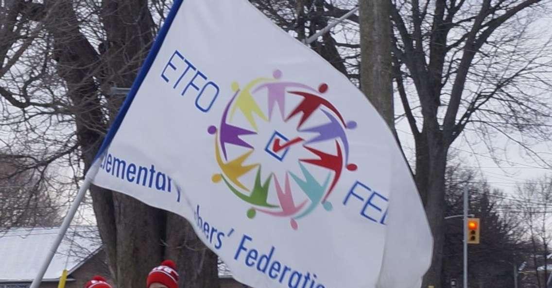 Elementary Teachers' Federation of Ontario flag in Sarnia. 10 February 2020. (Blackburn Media Photo.