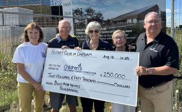 Rotary Club presents cheque to Children's Treatment Centre Foundation of Chatham-Kent (L-R): Donna Litwin-Makey (CTC-CK CEO), Brett Smith (Rotary Club of Chatham Treasurer), Tania Sharpe (Rotary Club of Chatham outgoing President), Jennifer Hill (Rotary Club of Chatham Director), Mike Genge (CTC Foundation President & CEO) (Image courtesy of the Children's Treatment Centre Foundation of Chatham-Kent)