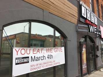 The sign for the You Eat, We Give hospital fundraiser at Crabby Joe's in Listowel. March 4th, 2020 (Photo by Ryan Drury)