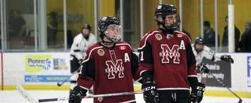 Chatham Maroons forwards Kyle Fisher (left) and Dallas Maurovic ahead of a game against the Komoka Kings. November 2019. (Photo by Matt Weverink)