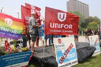 Hundreds rally outside Windsor City Hall on a hazy afternoon to support striking Windsor Salt employees, June 29, 2023. (Photo by Maureen Revait) 