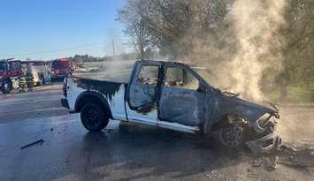 A pickup truck caught fire after a two-vehicle crash at Bruce Road 3 and Brant-Elderslie Townline, May 9, 2025. Photo provided by South Bruce OPP.