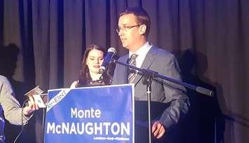 Lambton-Kent-Middlesex PC incumbent Monte McNaughton makes victory speech following re-election. June 7, 2018 (Photo by Garrett Lajoie)