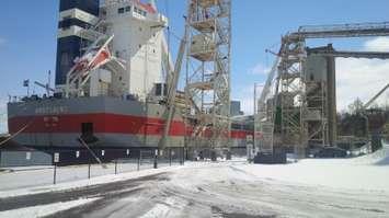 The Amstelborg from the Netherlands, making port in Goderich, becoming the first international ship to be the first ship to port in spring at Goderich harbour.