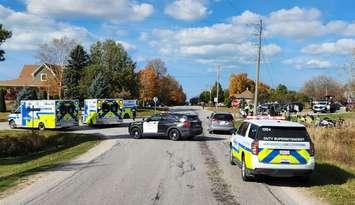 Emergency crews on scene of a two-vehicle crash on Nile Road and Lucknow Line in Nile, October 28, 2024. Photo provided by Huron OPP