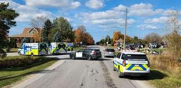 Emergency crews on scene of a two-vehicle crash on Nile Road and Lucknow Line in Nile, October 28, 2024. Photo provided by Huron OPP