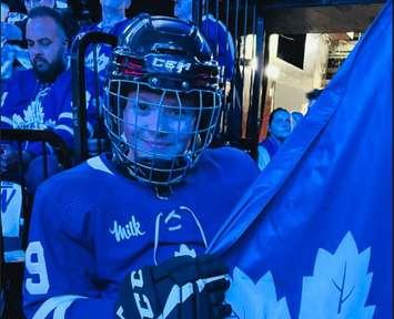 Aamjiwnaang's Madison Maness was the flag bearer at the Toronto Maple Leafs playoff game vs. Boston - Apr 24/24 (Photo courtesy of Stephanie Maness)