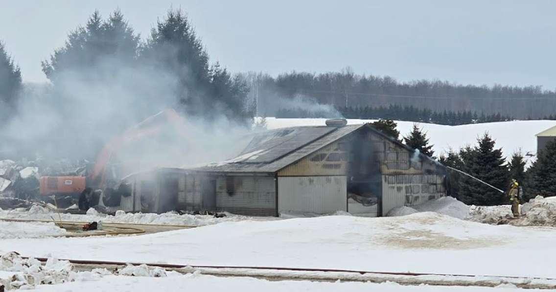 Firefighters on scene of a chicken barn fire on Concession Road 8 near Moorefield, February 25, 2025. Photo provided by Minto Fire Department. 