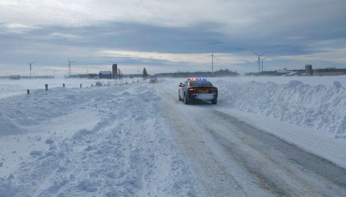 A South Bruce OPP officer on a local, snow covered road. Photo provided by South Bruce OPP.