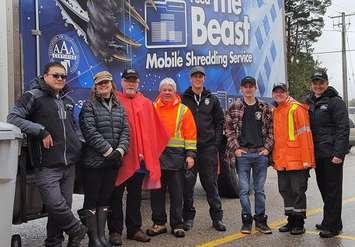 Mount Forest Shredding Event for Crime Stoppers Guelph Wellington: (from left) FileBank representatives John Lam and Marcia Snow, CSGW Board member Rob Mattice, CSGW Board Chair Ray Tout, Wellington North Fire Service Mount Forest Station Fire Fighter volunteers Brad Cormack and Thomas Jamieson, CSGW Secretary Laura Aston and Program Coordinator Sarah Bowers-Peter. (photo submitted)