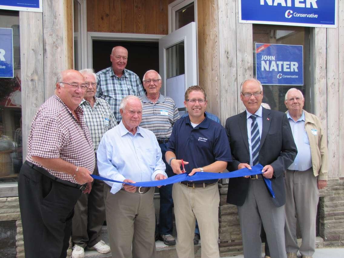 Joining Nater at Opening of Harriston Campaign office were Town of Minto Deputy Mayor Ron Faulkner, outgoing MP Gary Schellenberger, current MPP Randy Pettapiece and former MPP Bert Johnson. (Photo courtesy of John Nater Conservative campaign)
