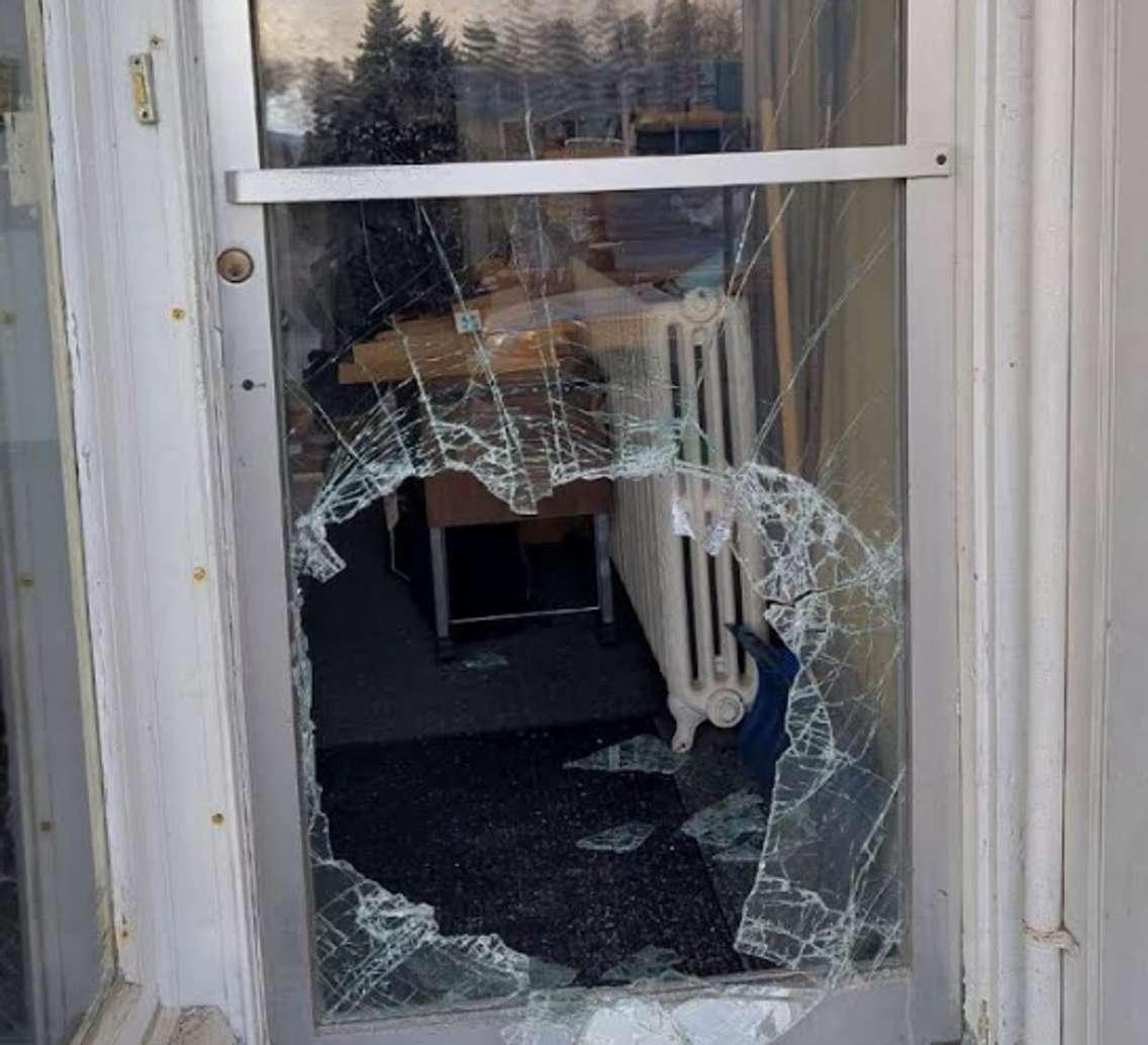 The front door of a Mount Forest business was smashed in a break-in on March 10, 2025. Photo provided by Wellington OPP.