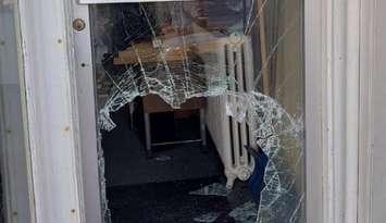 The front door of a Mount Forest business was smashed in a break-in on March 10, 2025. Photo provided by Wellington OPP.