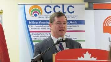 Valerian Marochko, Executive Director of the Cross Cultural Learner Centre speaks to media, March 11, 2016. Photo by Miranda Chant, Blackburn News.