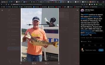58-year-old Jack Glaves of Tillsonburg, was last seen wearing this t-shirt while departing on his boat from a marina in Port Burwell on August 9, 2022. (Photo supplied by OPP.)