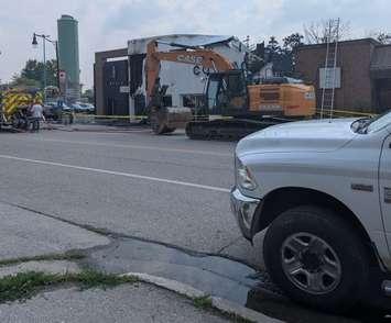 Crews remain on scene of a blaze at a dealership in Dutton on July 31, 2025. Photo provided by OPP West Region/X