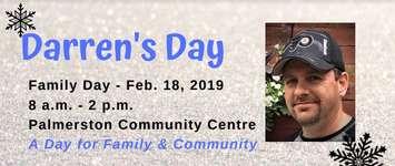Poster for the Darren's Day event coming up on Family Day to honour Palmerston resident Darren More, who was tragically killed last summer. (Photo provided by Crime Stoppers Guelph Wellington)