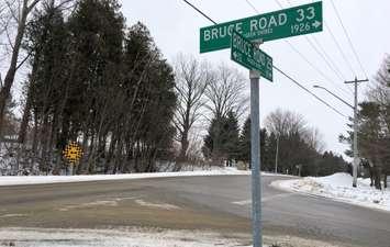 Current intersection of Bruce Road 25 and Bruce Road 33 at the south end of Port Elgin, which is proposed to be realigned to the east. (Photo by Jordan Mackinnon)