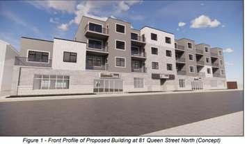 Rendering of mixed-use building proposed for Queen Street North in Tilbury (via municipality of CK)