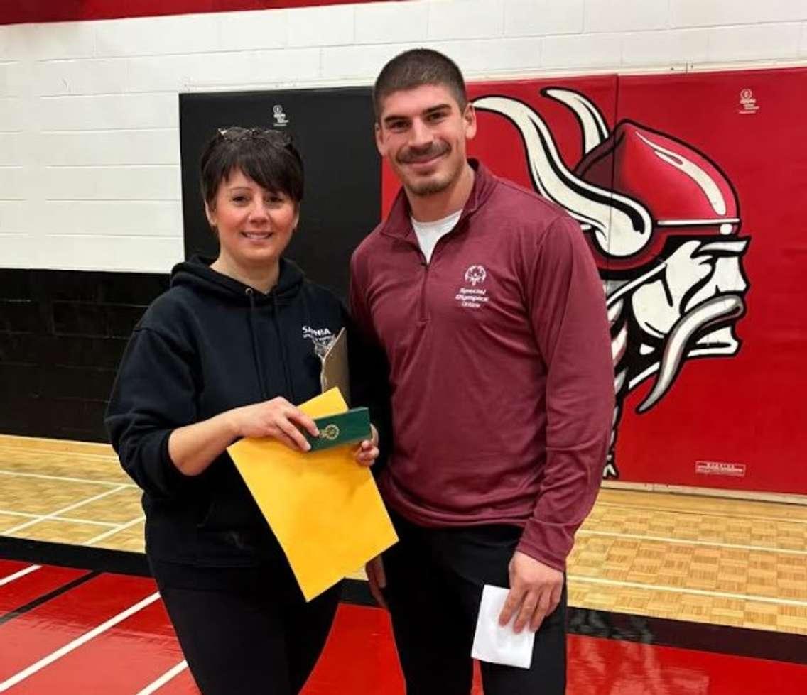 Tana Manchester, Community Coordinator for Special Olympics Sarnia (L) was awarded the prestigious King Charles III Coronation Medal by Special Olympics Ontario Program Consultant Grant Takacs (R) - (Photo courtesy of Julie Fisher) 