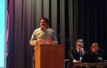 Ashley Chapman, Chapman's Ice Cream Vice-President, addressing public meeting Monday, January 16th. (photo by Kirk Scott)