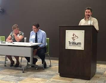 Listowel-Wingham Hospitals Alliance Board Chairs Amy Miller of Wingham(left),  Blair Burns of Listowel (centre).  and Alliance CEO Karl Ellis (standing) address staff and the public at the general meeting in Listowel.
Photo by Ryan Drury