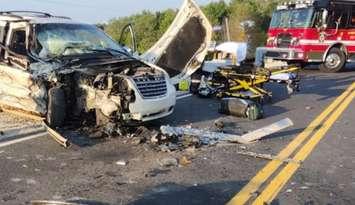 A vehicle damaged in a head-on crash on Wellington Road 109 between Side Road 17 and Wellington Road 12, July 14, 2025. Photo provided by Wellington OPP