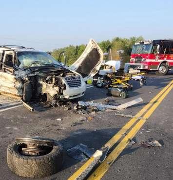 A vehicle damaged in a head-on crash on Wellington Road 109 between Side Road 17 and Wellington Road 12, July 14, 2025. Photo provided by Wellington OPP