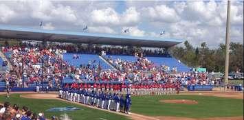The Toronto Blue Jays prepare for a spring-training game against the Philadelphia Phillies at TD Ballpark in Dunedin, Florida. Photo by Scott Kitching.